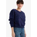 DeFacto Boxy Fit Bisiklet Yaka İşlemeli Kalın Sweatshirt, M, G2153AX25WN, Lacivert-NV28, kadın