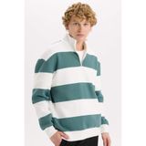 DeFacto Boxy Fit Dik Yaka Yarım Fermuarlı Çizgili Sweatshirt, M, C7045AX24AU, Yeşil-GN469, erkek