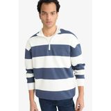 DeFacto Boxy Fit Dik Yaka Yarım Fermuarlı Çizgili Sweatshirt, M, F4640AX25AU, Lacivert-NV94, erkek