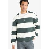 DeFacto Boxy Fit Dik Yaka Yarım Fermuarlı Çizgili Sweatshirt, S, F4640AX25AU, Yeşil-GN498, erkek