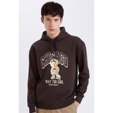 Defacto Boxy Fit Kapüşonlu Baskılı Sweatshirt, S, D0853AX24AU, Kahve, Erkek