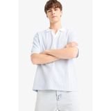 DeFacto Boxy Fit Rahat Kesim Seersucker Kumaş Polo Yaka Çizgili Kısa Kollu Tişört, L, F8351AX25AU, Mavi-BE177, Erkek
