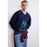 DeFacto Boxy Fit V Yaka Baskılı Sweatshirt, M, G6473AX25WN, Lacivert-NV253, erkek
