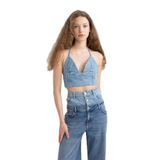 DeFacto Boyundan Bağlamalı Crop Jean Bluz, M, C5862AX24SP, Mavi-NM28, Kadın