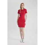 DeFacto C1503 Kırmızı Coool Bodycon Vücudu Saran Bisiklet Yaka Fitilli Kaşkorse Kısa Kollu Mini Elbise