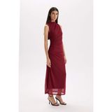 DeFacto C3519AX24AU Bordo BR248 Bodycon Vücudu Saran Yarım Balıkçı Yaka Basic Tül Maxi Abiye Elbise