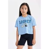 Defacto C4823 Mavi Kız Çocuk Looney Tunes Bisiklet Yaka Kısa Kollu Crop Tişört