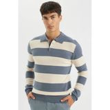 DeFacto Çizgili Polo Yaka Triko Kazak, S, 3122650, İndigo, Erkek