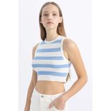 DeFacto Coool Slim Fit Dar Kesim Bisiklet Yaka Çizgili Triko Atlet, S, A8242AX24SP, Mavi-BE303, kadın