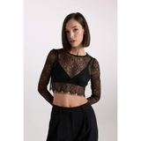 DeFacto Crop Bisiklet Yaka Dantel Uzun Kollu Bluz, S, E0210AX24AU, Siyah-BK81, Kadın