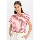 DeFacto Crop Çizgili Kısa Kollu Poplin Gömlek, 2XL, C8748AX24SM, Kırmızı-RD117, Kadın