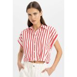 DeFacto Crop Çizgili Kısa Kollu Poplin Gömlek, L, C8748AX24SM, Kırmızı-RD117, Kadın