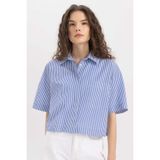 DeFacto Crop Çizgili Poplin Kısa Kollu Gömlek, XS/S, C8747AX24SM, Mavi, Kadın