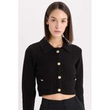 DeFacto Crop Gömlek Yaka Triko Hırka, 2XL, E1811AX24WN, Siyah-BK27, Kadın