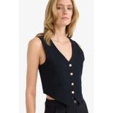 DeFacto Crop V Yaka Keten Karışımlı Blazer Siyah Yelek, 34, Crop V Yaka Keten Karışımlı Blazer, Siyah-BK81, Kadın