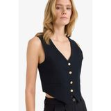 DeFacto Crop V Yaka Keten Karışımlı Blazer Siyah Yelek, 36, Crop V Yaka Keten Karışımlı Blazer, Siyah-BK81, Kadın