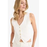 Defacto Crop V Yaka Keten Karışımlı Blazer Yelek, 40, Crop V Yaka Keten Karışımlı Blazer, Ekru, Kadın