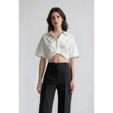 DeFacto Cropped Fit Gömlek Yaka Keten Görünümlü Kısa Kollu Bluz C7799AX25SP - Beyaz-WT32