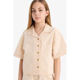DeFacto Cropped Fit Keten Kısa Kollu Gömlek Kız Çocuk, 11-12 Yaş, D7638A825SM, Ekru-ER42, Kız çocuk