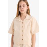 DeFacto Cropped Fit Keten Kısa Kollu Gömlek Kız Çocuk, 7-8 Yaş, D7638A825SM, Ekru-ER42, Kız çocuk