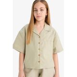 DeFacto Cropped Fit Keten Kısa Kollu Gömlek Kız Çocuk, 7-8 Yaş, D7638A825SM, Yeşil-GN1156, Kız çocuk