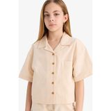 DeFacto Cropped Fit Keten Kısa Kollu Gömlek Kız Çocuk, 9-10 Yaş, D7638A825SM, Ekru-ER42, Kız çocuk