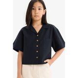 DeFacto Cropped Fit Keten Kısa Kollu Gömlek Kız Çocuk, 9-10 Yaş, D7638A825SM, Siyah-BK27, Kız çocuk