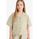 DeFacto Cropped Fit Keten Kısa Kollu Gömlek Kız Çocuk, 9-10 Yaş, D7638A825SM, Yeşil-GN1156, Kız çocuk