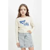 Defacto D2987a8er99 Ekru Kız Çocuk Cropped Fit Bisiklet Yaka Baskılı Ribana Uzun Kollu Tişört