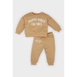 DeFacto D7907 Bej Erkek Bebek 2'li Takım Bisiklet Yaka Baskılı Sweatshirt Beli Lastikli Eşofman Altı