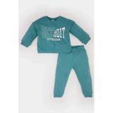 Defacto D7909 Mavi Erkek Bebek 2'Li Takım Bisiklet Yaka Baskılı Sweatshirt Beli Lastikli Eşofman Altı