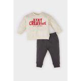 DeFacto D7921 Ekru Erkek Bebek 2'li Takım Baskılı Sweatshirt Beli Lastikli Eşofman Altı