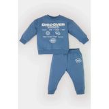 Defacto D7922 Mavi Erkek Bebek 2'Li Takım Baskılı Sweatshirt Beli Lastikli Eşofman Altı