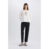 Defacto D8464 Siyah Disney Mickey Mouse &Friends Pijama Takımı Uzun Kollu Üst Esnek Belli Uzun Alt-Fall İn Love