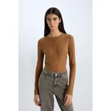 DeFacto D9555AX24WN BN529 Kahverengi Slim Fit Bisiklet Yaka Fitilli Kaşkorse Uzun Kollu Kadın Tişört