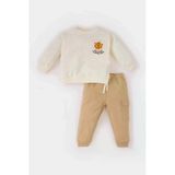 Defacto D9594 Ekru Erkek Bebek 2'Li Takım Bisiklet Yaka Baskılı Sweatshirt Beli Lastikli Eşofman Altı