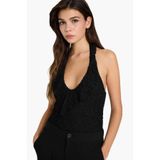 DeFacto Dantelli Dantel Halter Yaka Bluz, L, G5704AX25WN, Siyah-BK81, Kadın