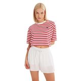 DeFacto DeFactoFit Crop Top Bisiklet Yaka Çizgili Sporcu Kısa Kollu Tişört Kırmızı XS