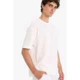 DeFacto Dokulu Boxy Fit Bisiklet Yaka Tişört, M, E4838AX25AU, Ekru-ER105, Erkek