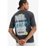 Defacto E0133 Antrasit Defactofit Nba Los Angeles Lakers Boxy Fit Bisiklet Yaka Sırt Baskılı Kısa Kollu Tişört