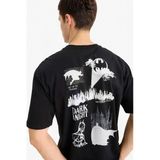Defacto E0618 Siyah %100 Pamuk Batman Boxy Fit Bisiklet Yaka Sırt Baskılı Kısa Kollu Tişört