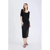Defacto E0885 Siyah Bodycon Vücudu Saran Kare Yaka Yırtmaçlı Basic Düz Bürümcük Yarım Kol Siyah Midi Elbise