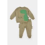 Defacto E4910 Haki Erkek Bebek 2'Li Takım Dinazor Baskılı Sweatshirt Beli Lastikli Eşofman Altı