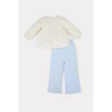 Defacto E5708 Ekru Kız Bebek 2'Li Takım Çiçekli Müslin Uzun Kollu Bluz Beli Lastikli Geniş Bol Paça Pantolon