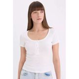 Defacto E5781 Ekru Slim Fit Dar Kesim Yuvarlak Yaka Basic Düz Fitilli Kaşkorse Kısa Kollu Beyaz Tişört