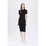 Defacto E6926 Siyah Bodycon Vücudu Saran Bisiklet Yaka Basic Düz Fitilli Kaşkorse Kısa Kollu Midi Elbise
