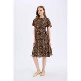 DeFacto E7113AX25SPBG150 Regular Fit Bisiklet Yaka Leopar Desenli Kuşaklı Kısa Kollu Midi Elbise