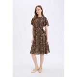 DeFacto E7113AX25SPBG150 Regular Fit Bisiklet Yaka Leopar Desenli Kuşaklı Kısa Kollu Midi Elbise