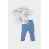 DeFacto Erkek Bebek 2'li Takım Desenli Flamlı Poplin Kısa Kollu Gömlek Beli Lastikli Jean Pantolon E7725A525SPER105 Ekru