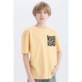 DeFacto Erkek Çocuk Oversize Geniş Kalıp Bisiklet Yaka Baskılı Kısa Kollu Tişört B6165A825SM - Sarı-YL506 - 9 - 10 Yaş